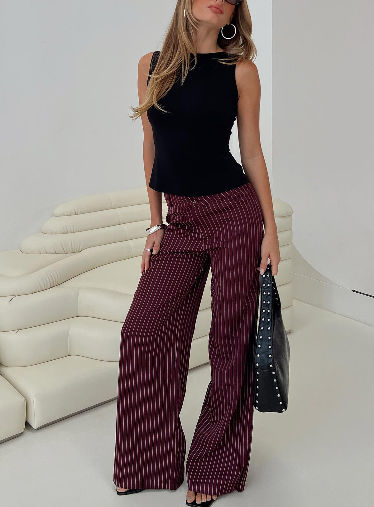 Lorenne Mid Rise Pant Burgundy Pinstripe