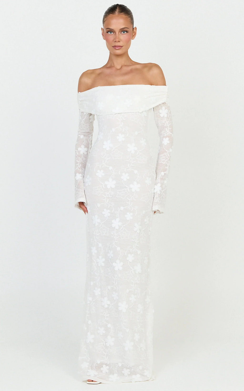 Aurelle Maxi Dress - Off Shoulder Floral Embroidered Dress in Ivory