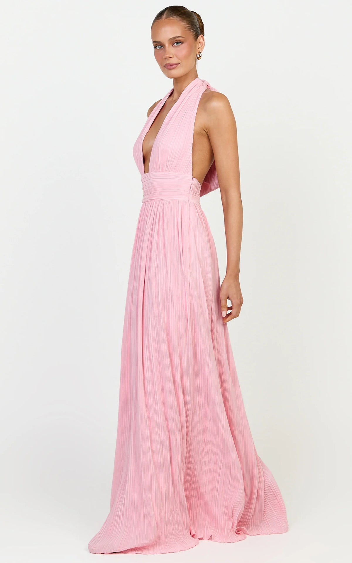 Aurelia Maxi Dress - Plisse Halter Neck Dress in Pink