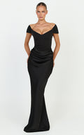 Kailani Maxi Dress - Off Shoulder Plunge Draped Skirt Dress in Black