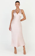 Khalani Midi Dress - Deep V Neck Satin Slip Dress in Light Pink
