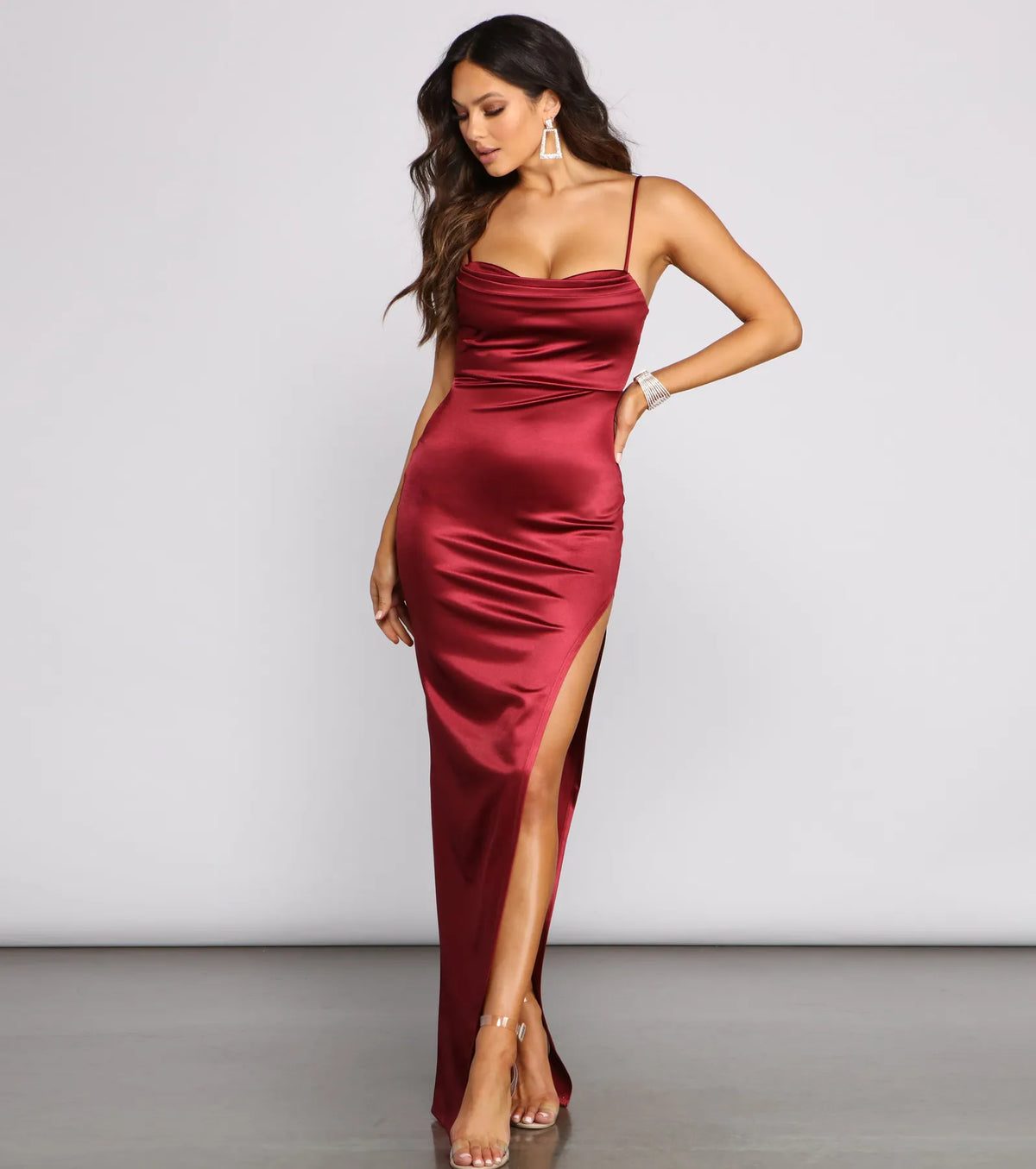 LADIESSTREETX Bordeaux High-Slit Satin Maxi Dress