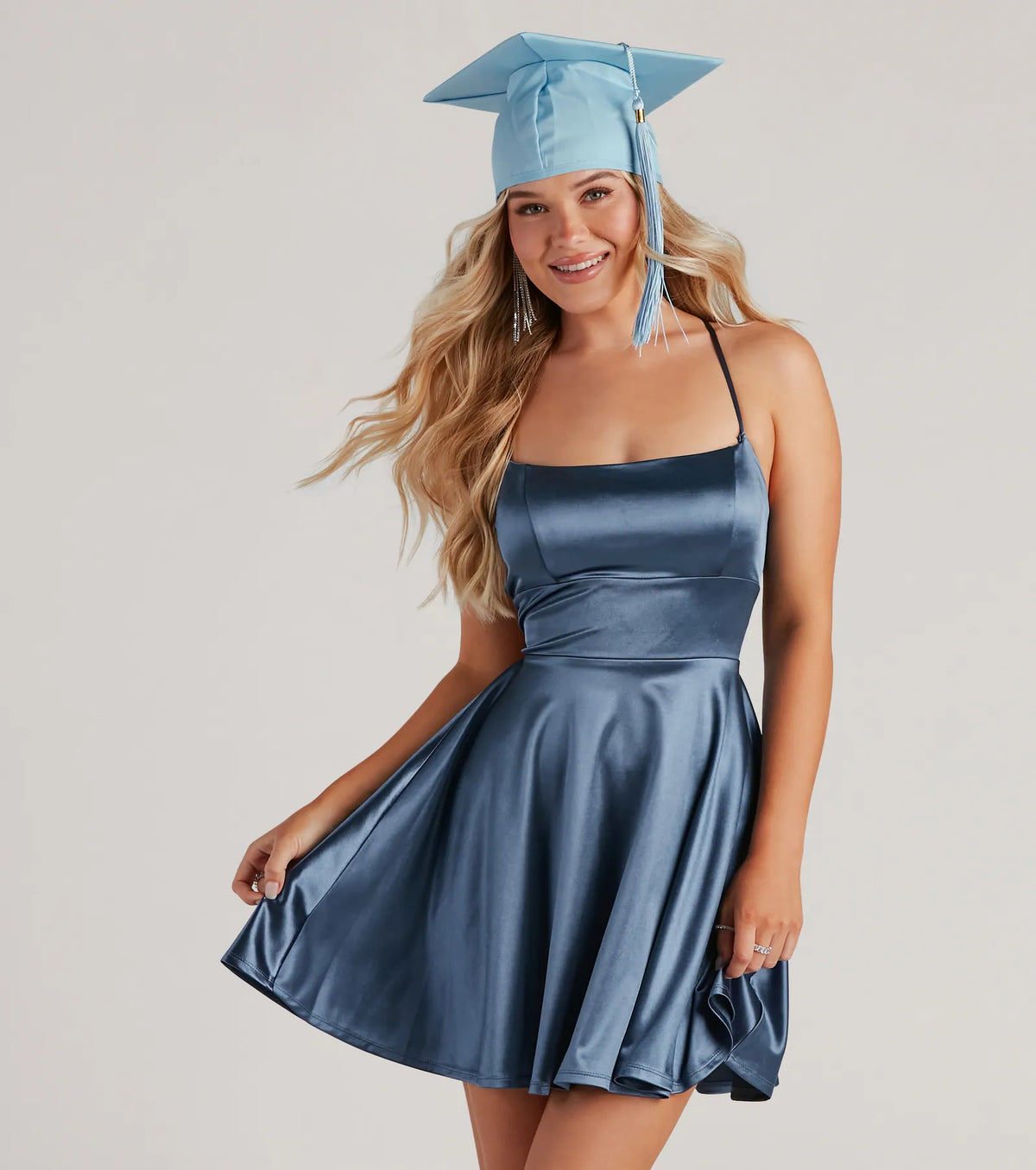 LADIESSTREETX Azure Satin Skater Mini Dress