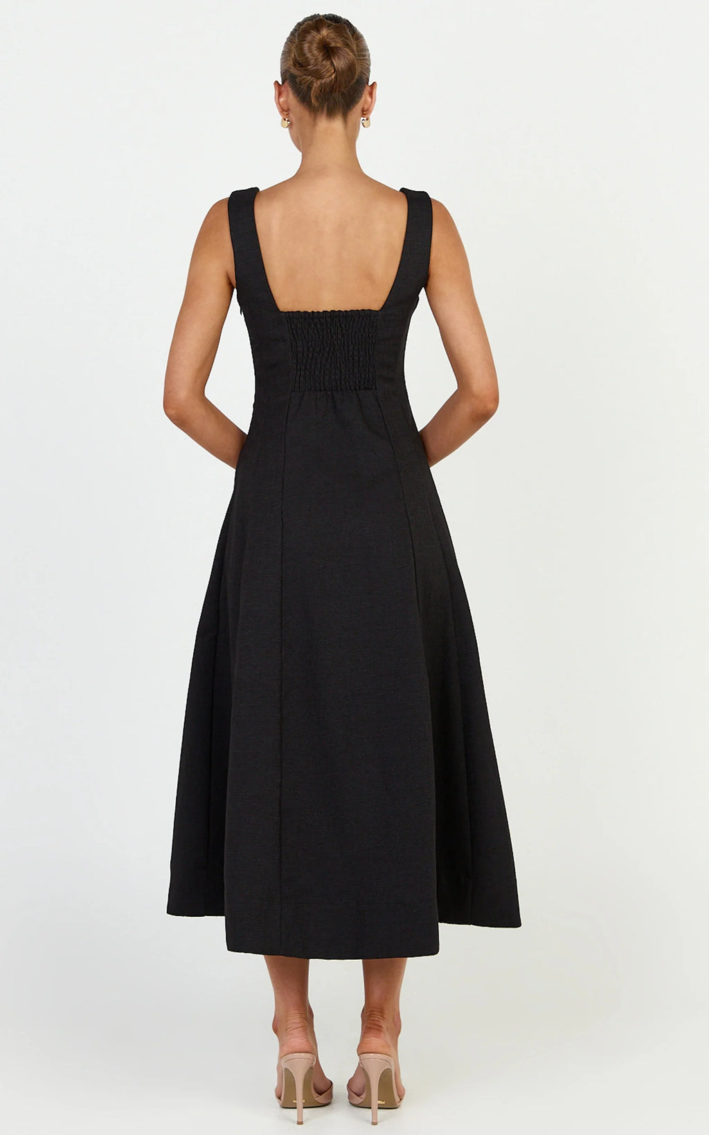 Walters Midi Dress - Square Neck Shirred Back Fit and Flare Panel Dress in Black