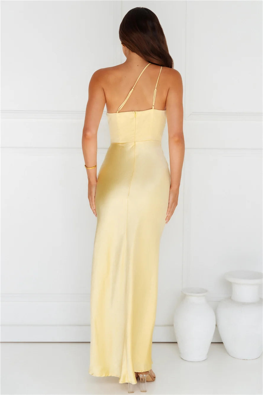 Show You Love One Shoulder Satin Maxi Dress Yellow