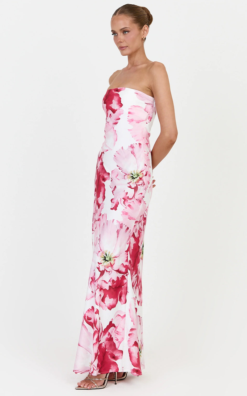 Alessia Maxi Dress - Strapless Fitted Dress in Poppy On White Print