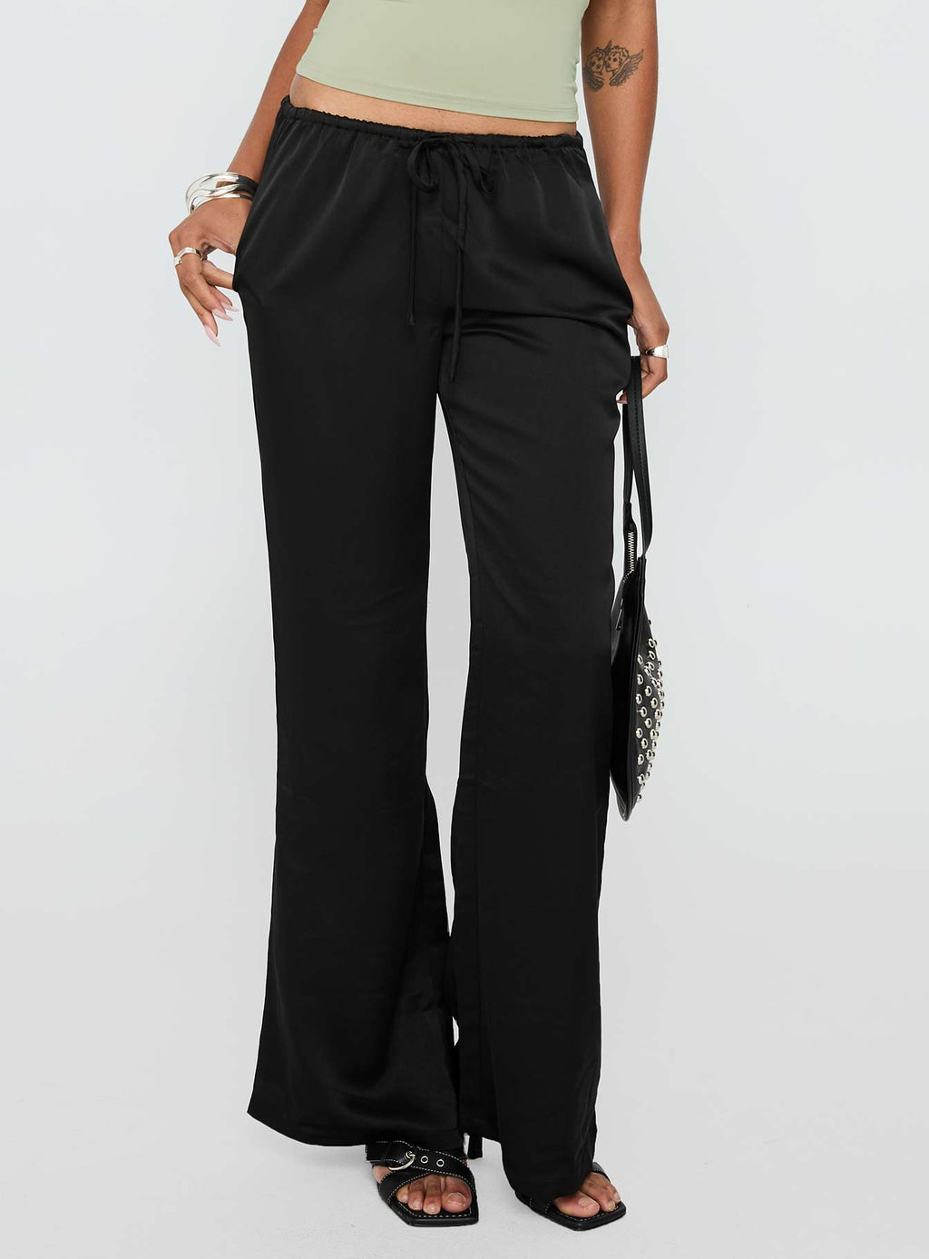 Vanille Tie Waist Satin Pants Black