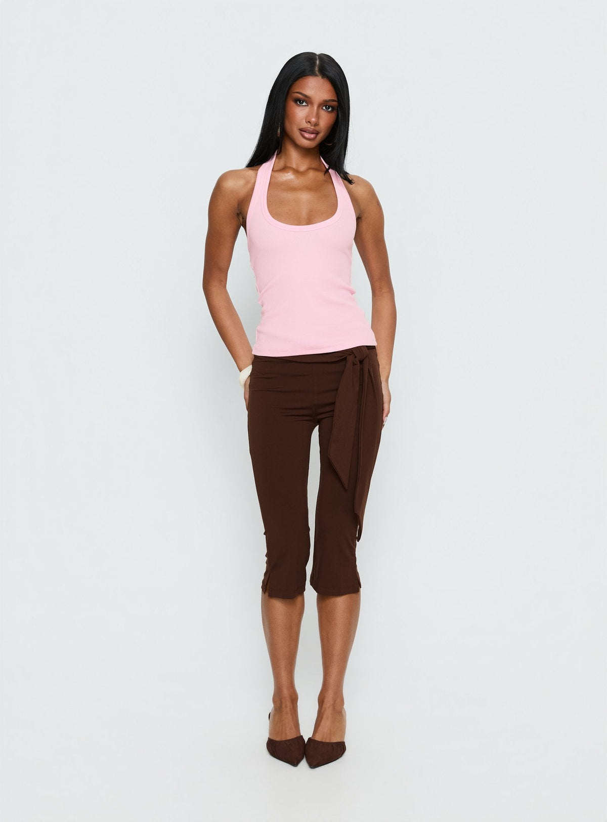 Lizana Tie Side Capri Pants Brown