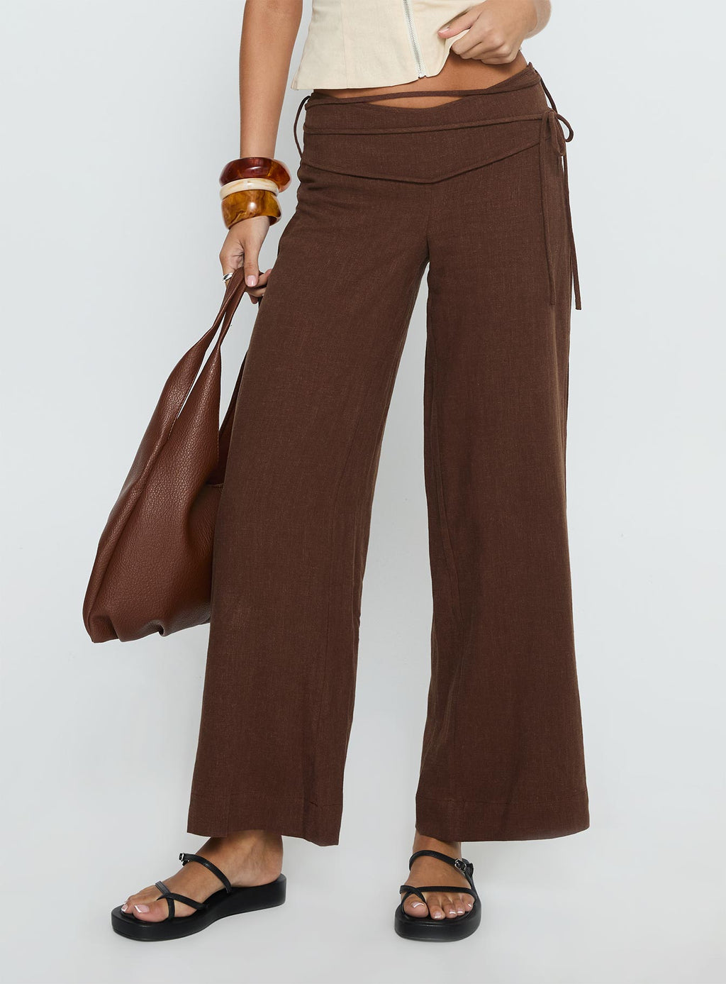 Silver Moon Linen Blend Tie Pants Brown
