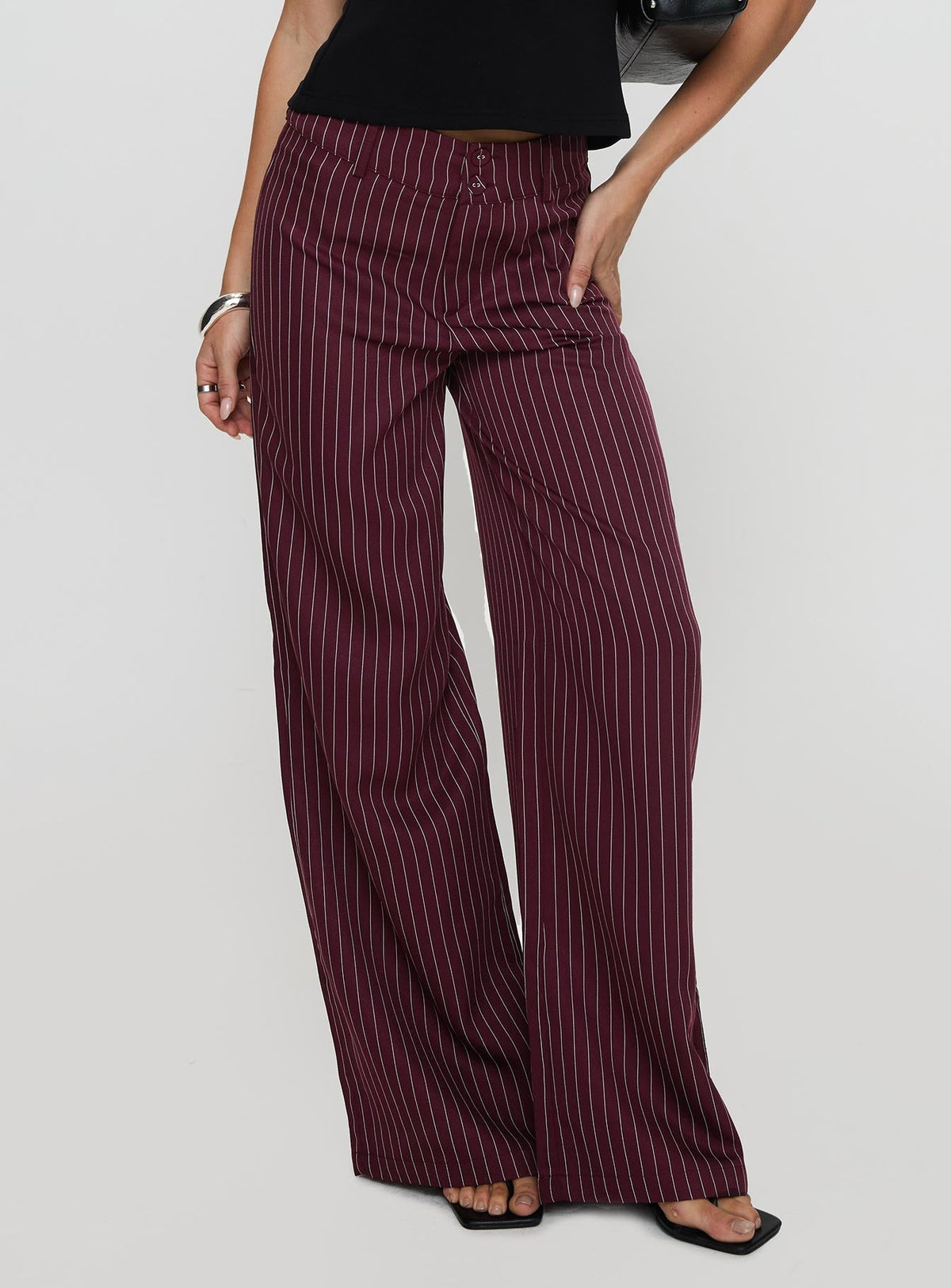 Lorenne Mid Rise Pant Burgundy Pinstripe