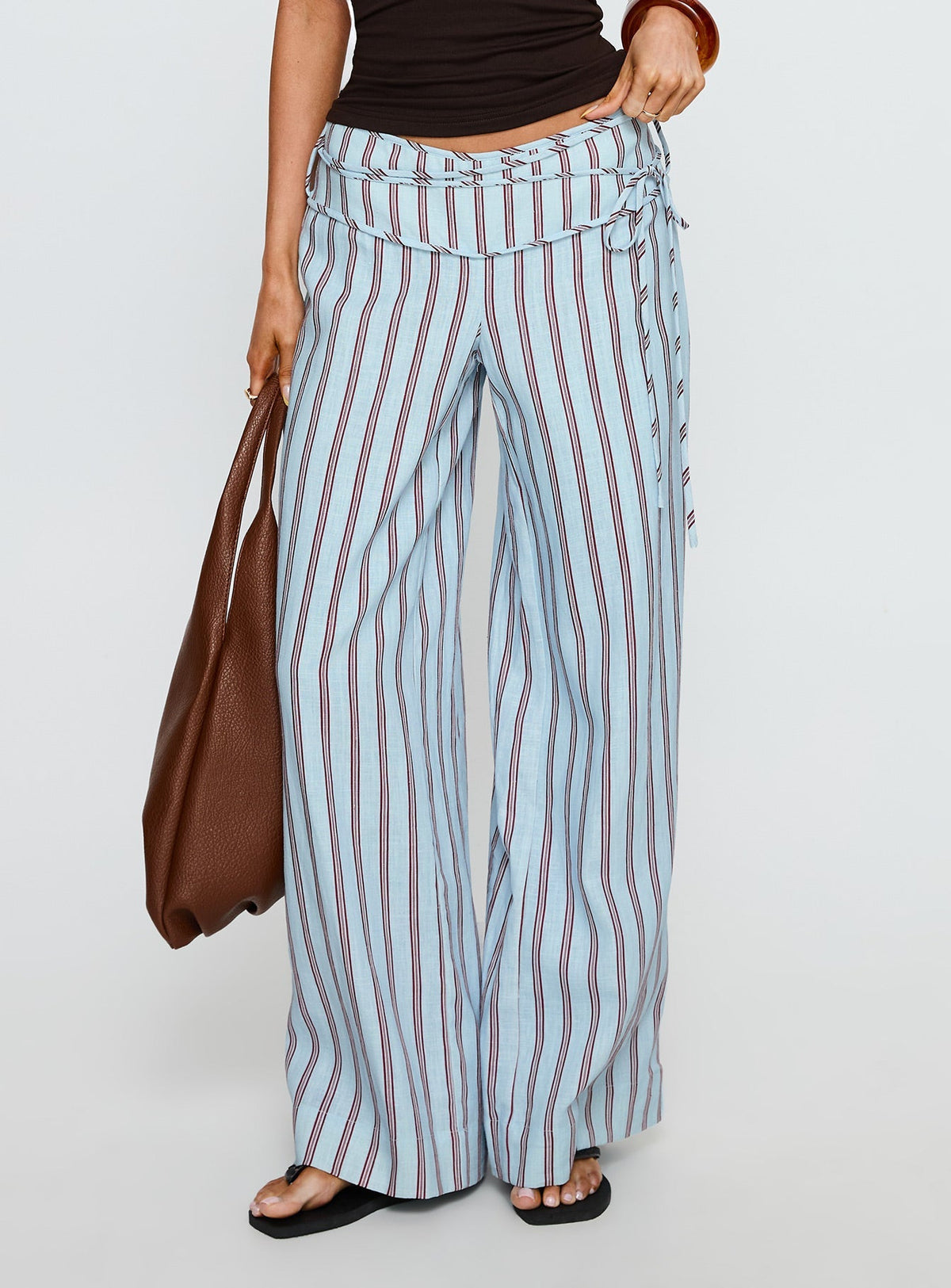 Silver Moon Linen Blend Tie Pants Blue / Maroon Stripe