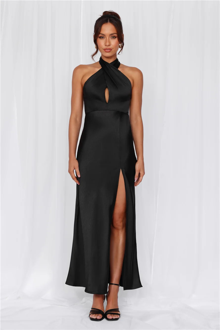 The Adeline Halter Satin Maxi Dress Black