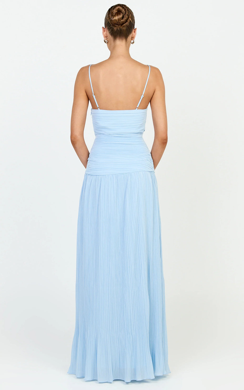 Ashlee Maxi Dress - Strapless Plisse Dropped Waist Split Leg Dress in Light Blue