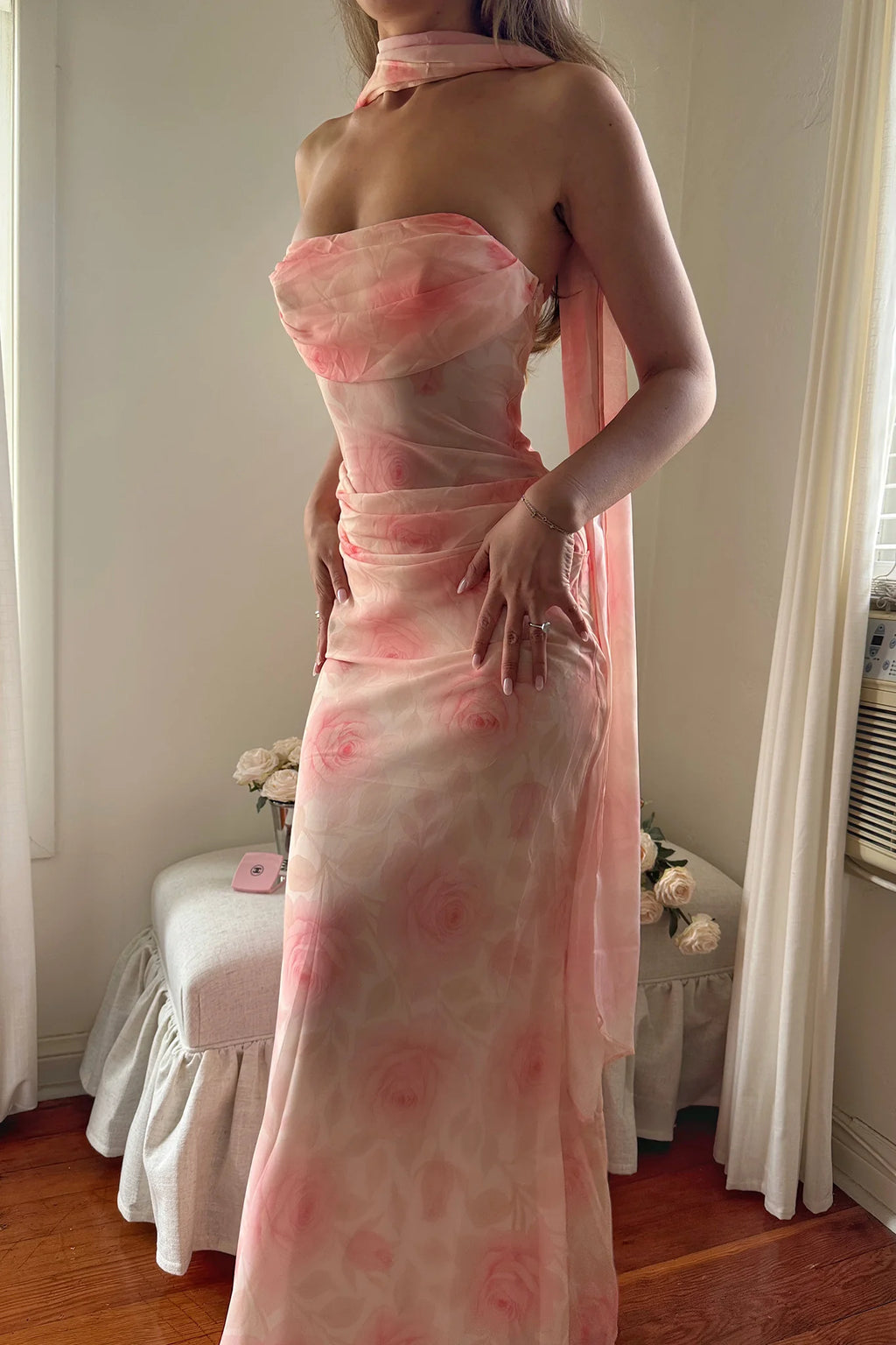 Unforgettable Day Drape Waist Strapless Maxi Dress Roses Floral