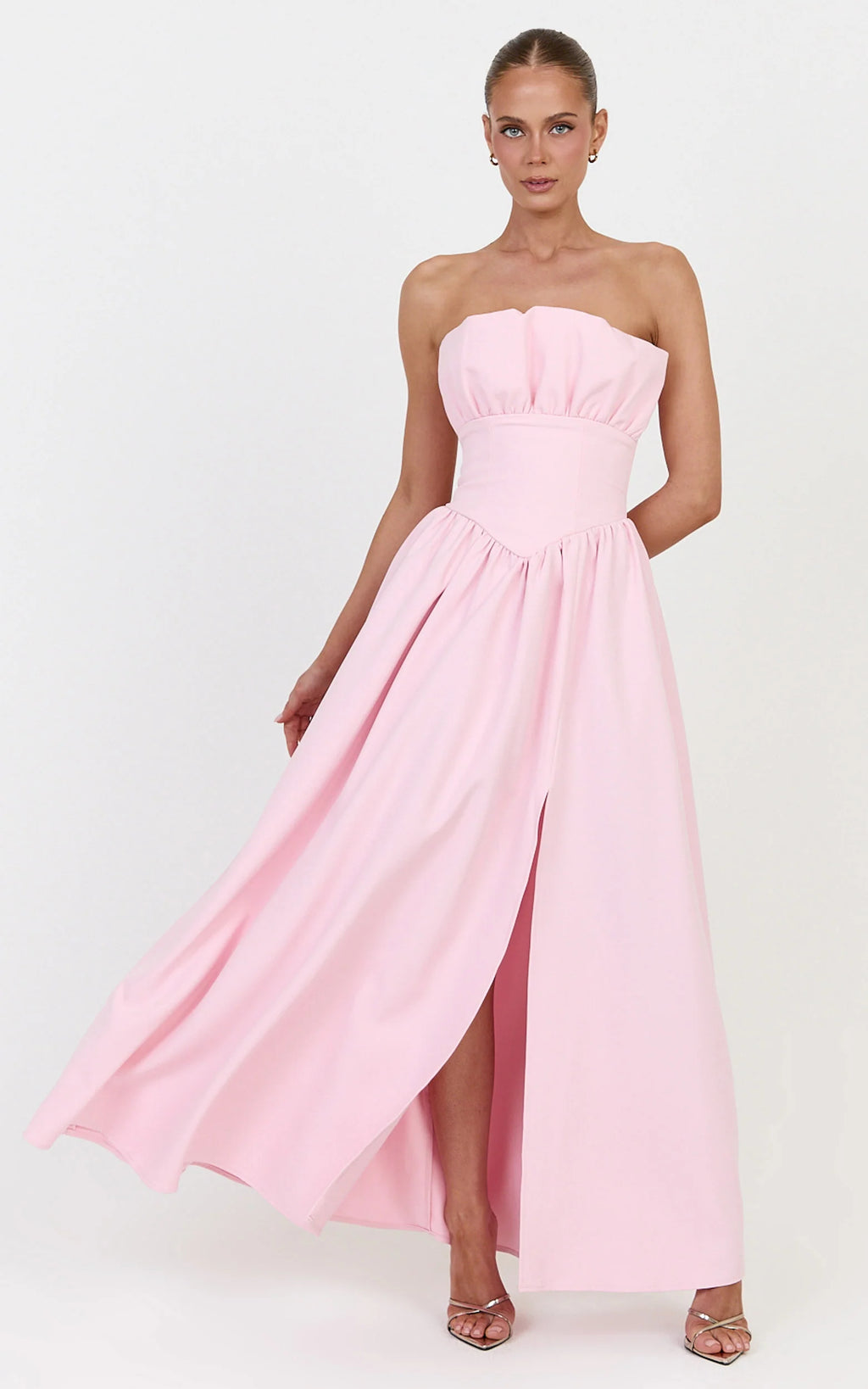 Juno Maxi Dress - Strapless Structured Ruffle Fit And Flare Dress in Ice Baby Pink