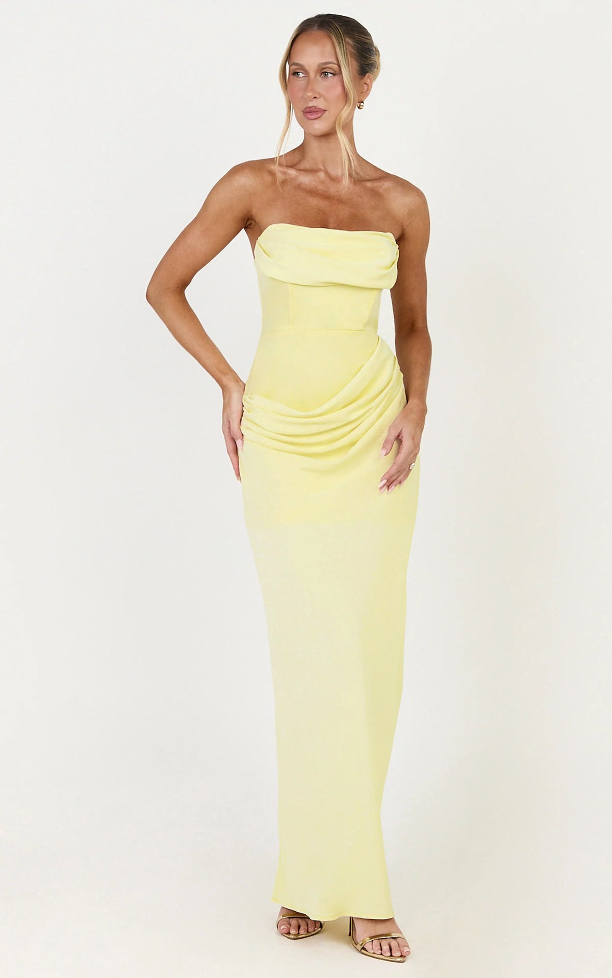 Phoebe Maxi Dress - Strapless Structured Bodice Drape Skirt Dress in Lemon