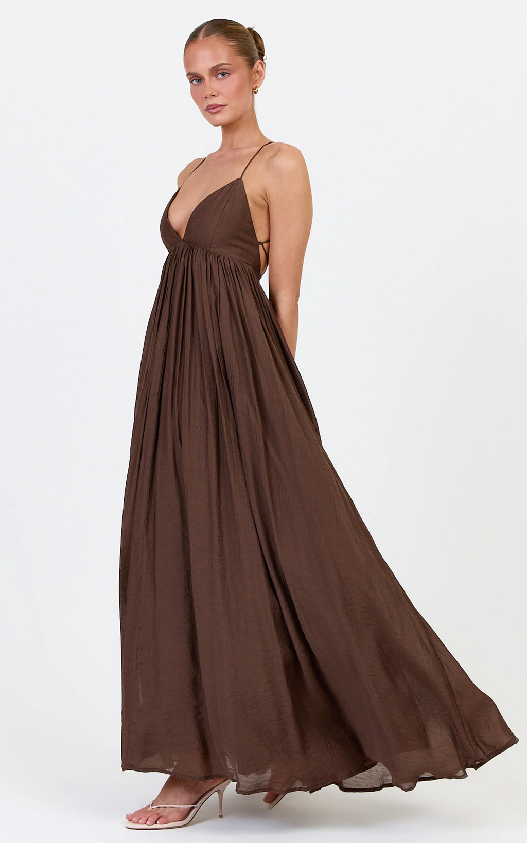 Kourtney Maxi Dress - V Neck Fit And Flare Dress With Tie Back Detail in Chocolate