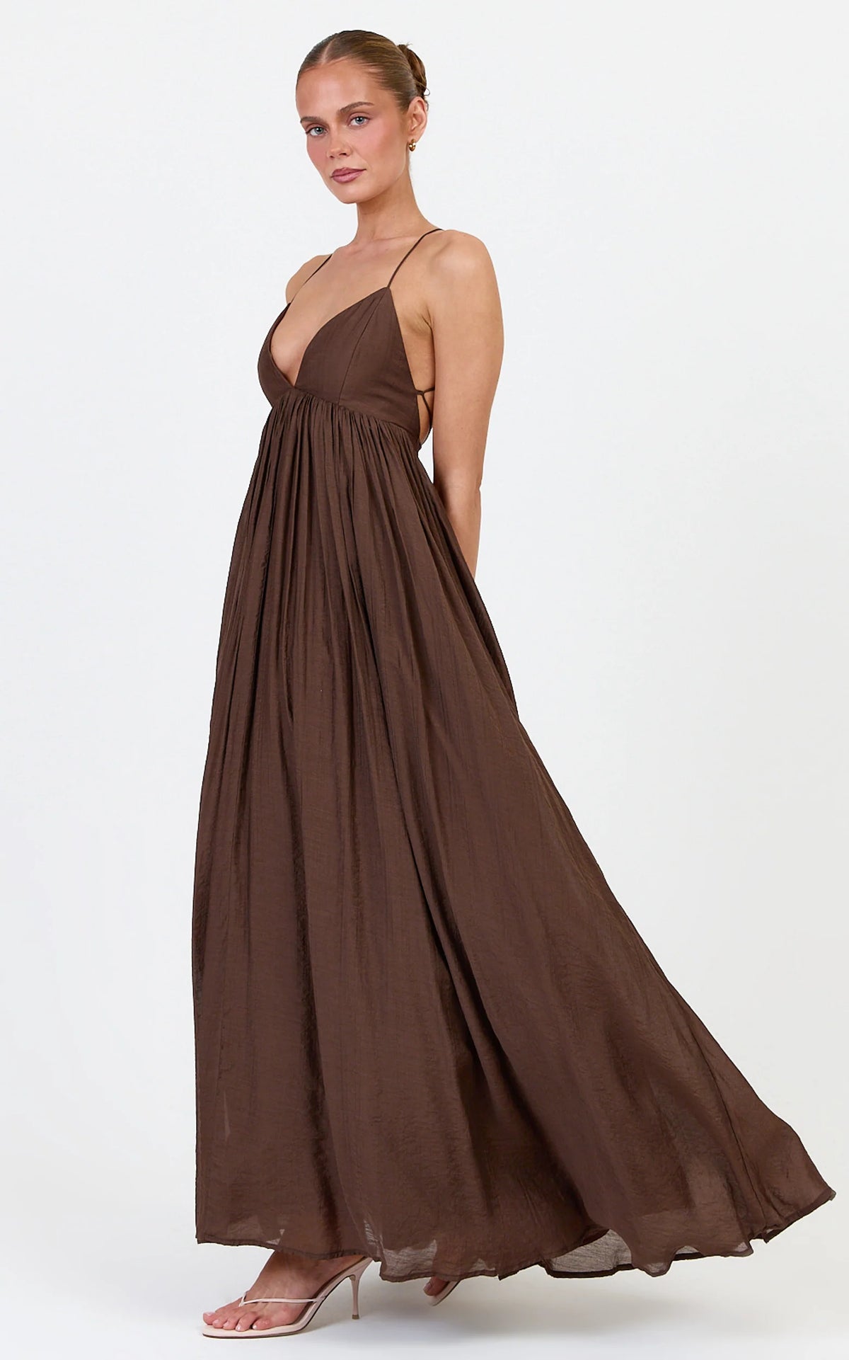 Kourtney Maxi Dress - V Neck Fit And Flare Dress With Tie Back Detail in Chocolate