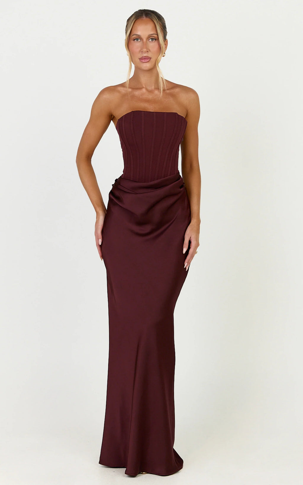 Kailani Maxi Dress - Strapless Corset Bodice Lace Up Back Dress in Chocolate