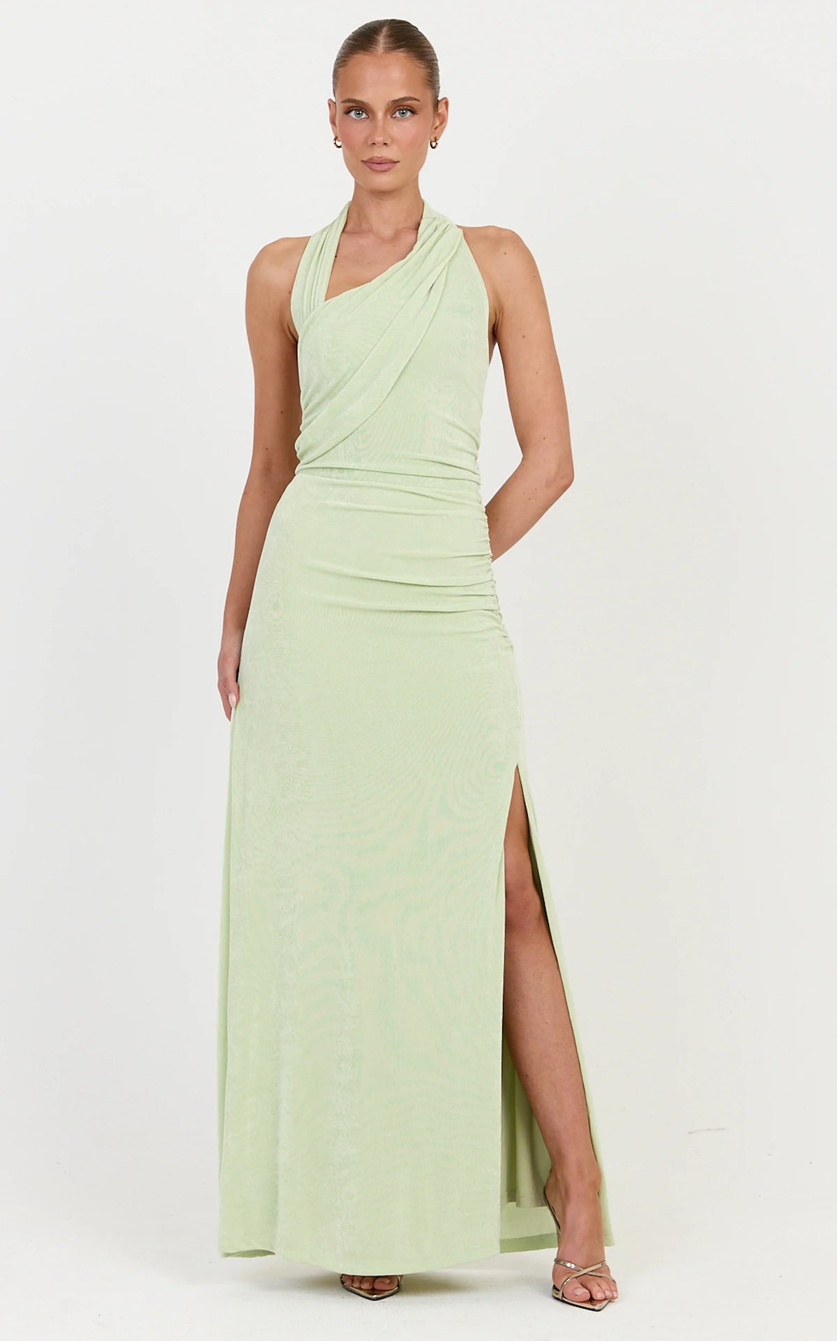 Matilda Maxi Dress - Draped Halterneck Side Split Maxi Dress in Pistachio