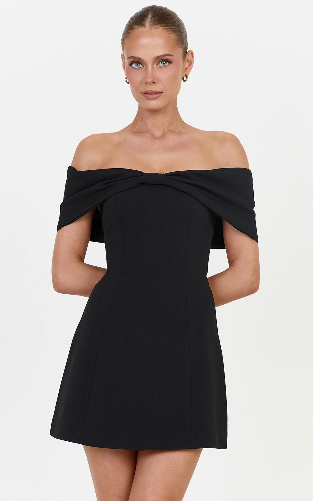 Thalia Mini Dress - Off Shoulder Bow Detail Dress in Black