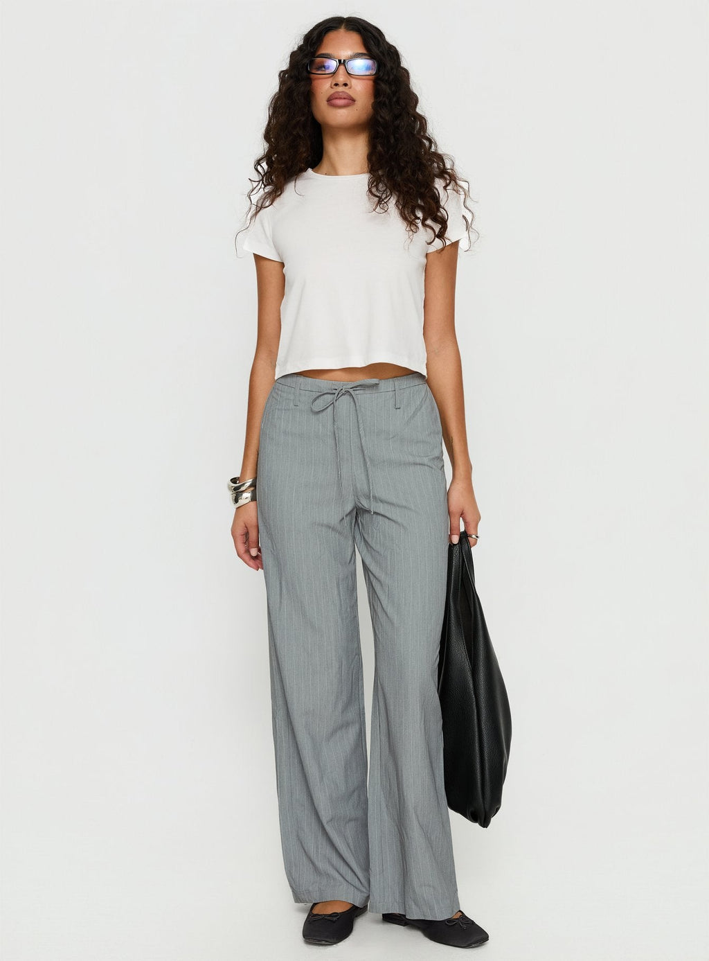 Idolised Tie Waist Pant Grey Pinstripe