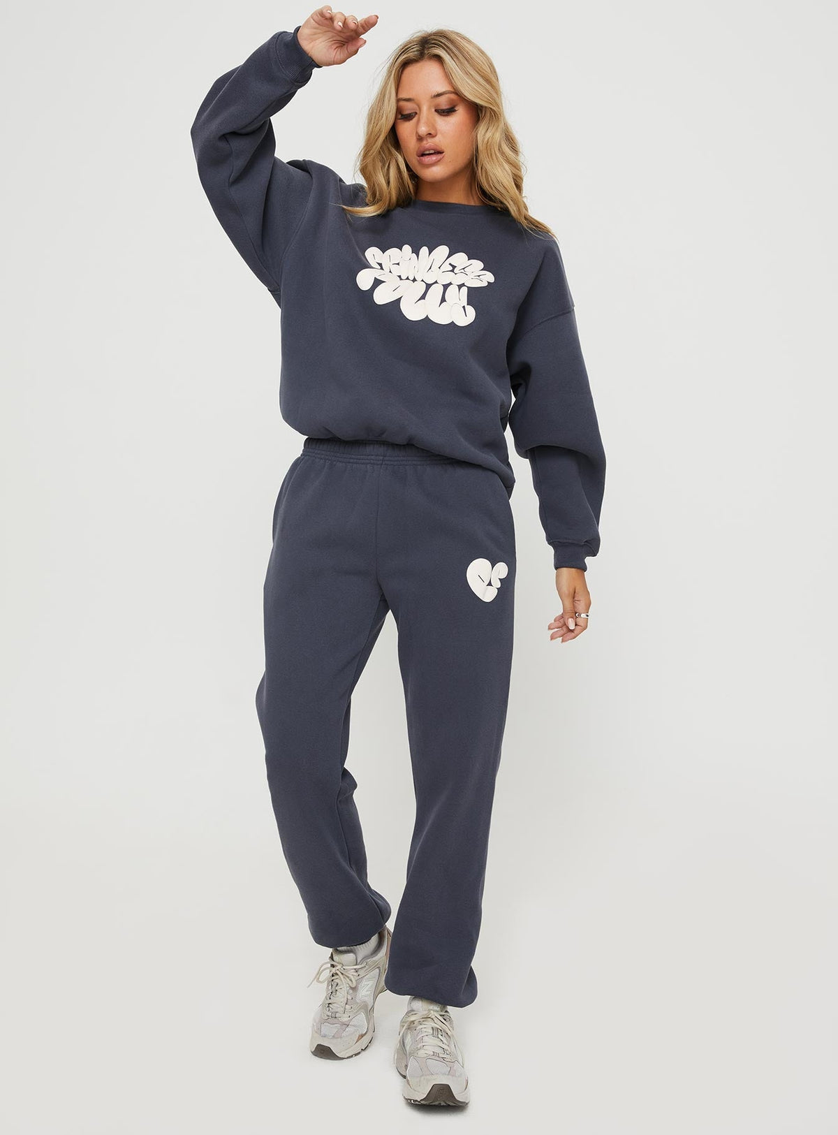 Princess Polly Track Pants Bubble Text Slate / Eggshell