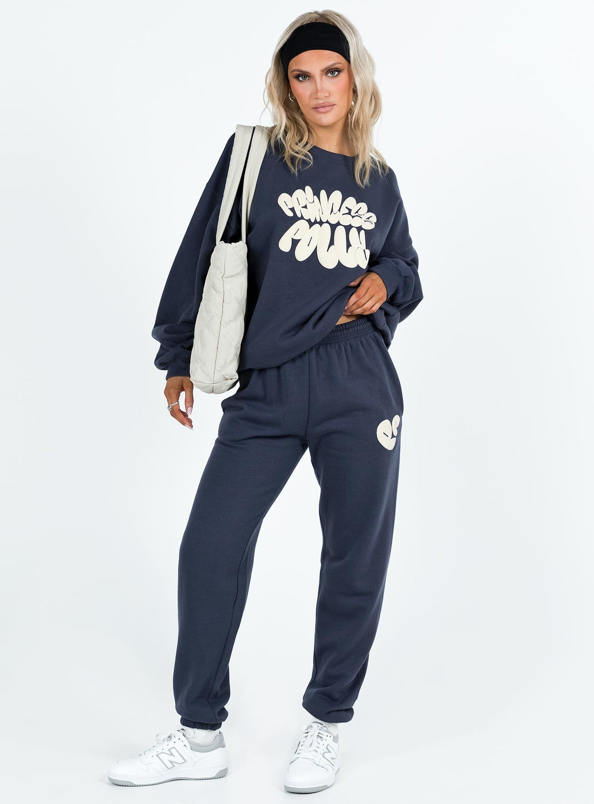 Princess Polly Track Pants Bubble Text Slate / Eggshell