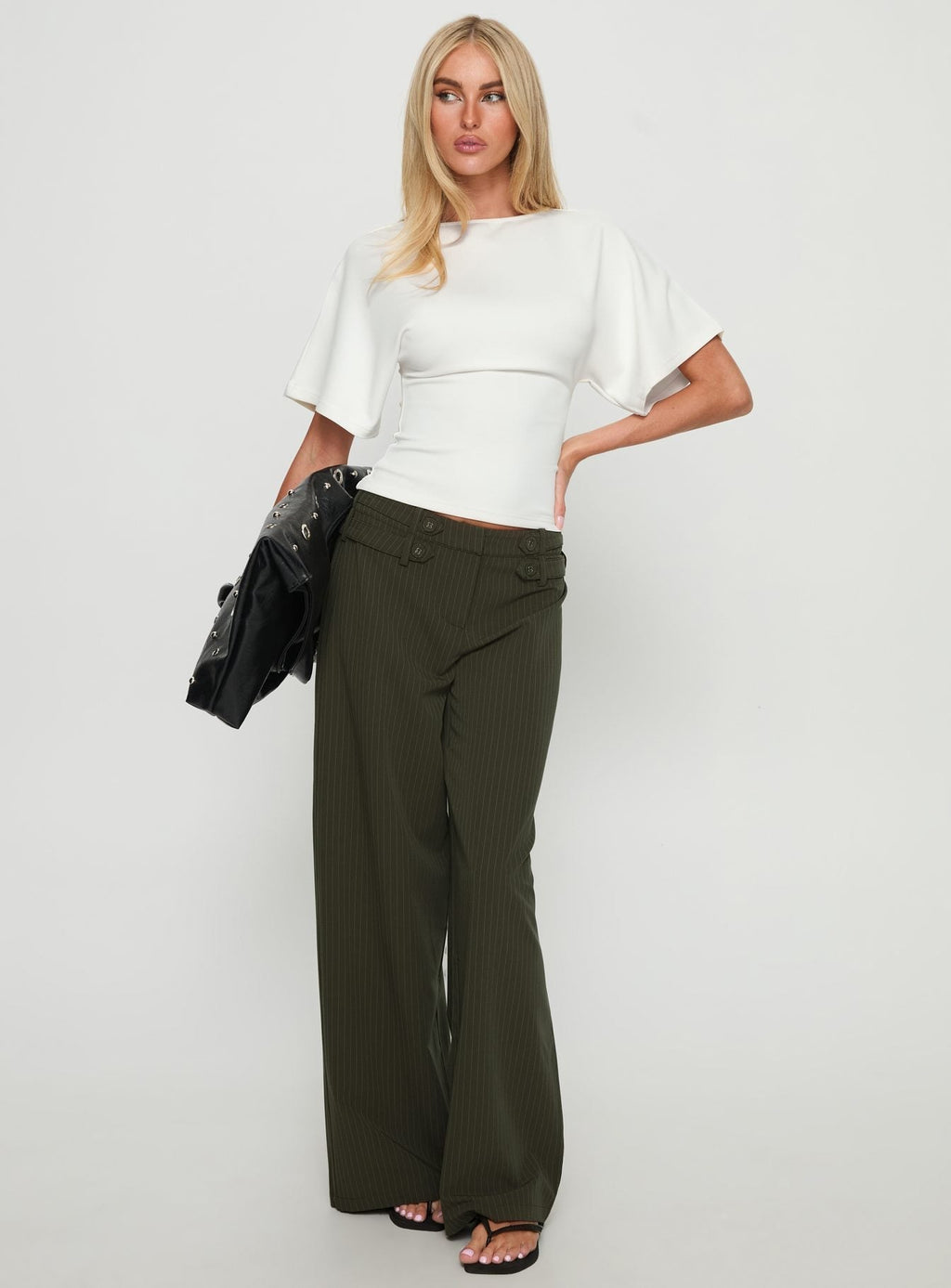 Jette Tailored Buckle Pant Green Pinstripe