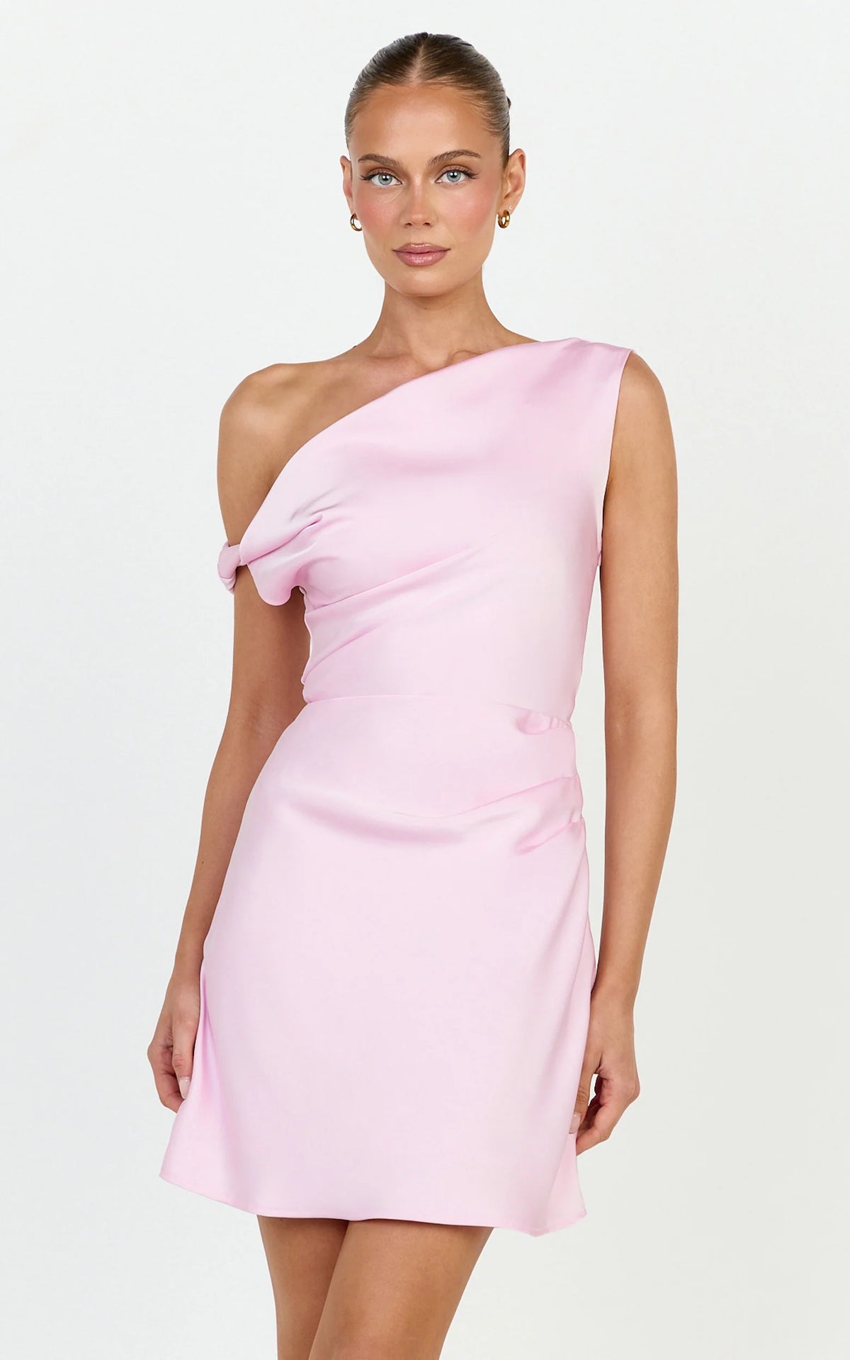Lira Mini Dress - One Shoulder Satin Dress in Pink
