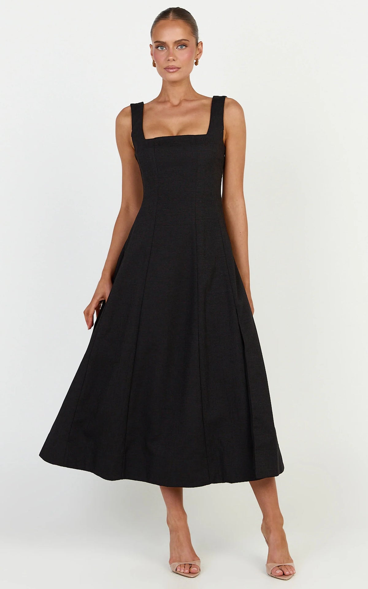 Walters Midi Dress - Square Neck Shirred Back Fit and Flare Panel Dress in Black