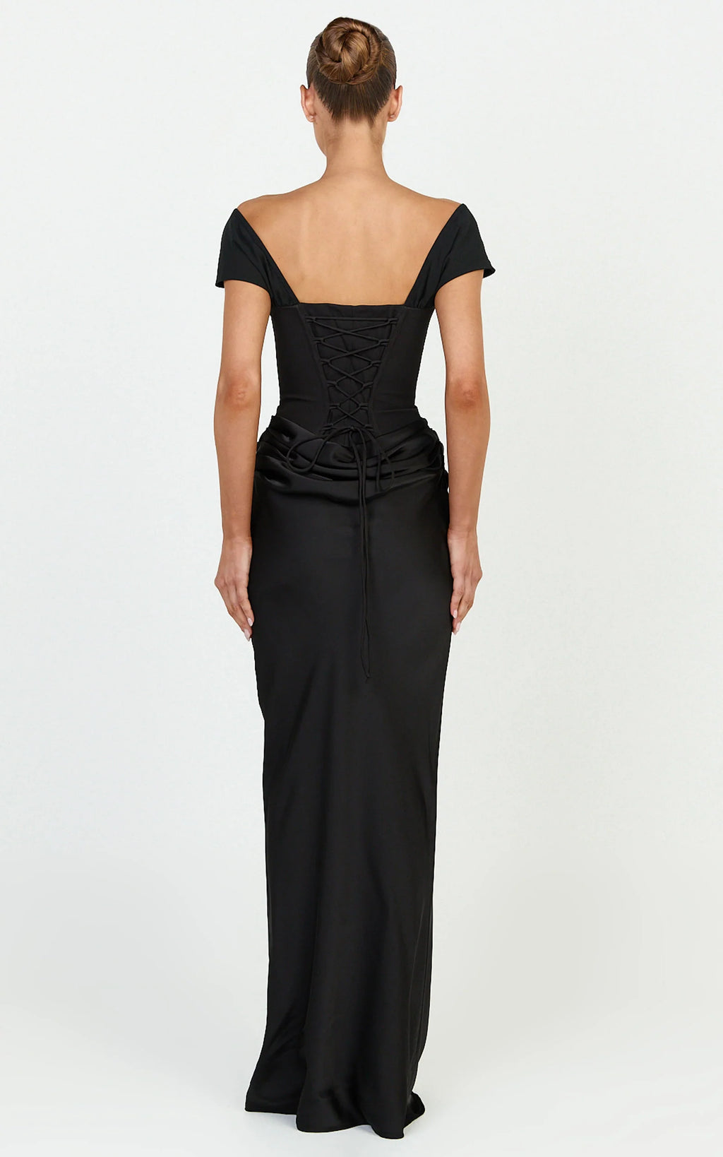 Kailani Maxi Dress - Off Shoulder Plunge Draped Skirt Dress in Black