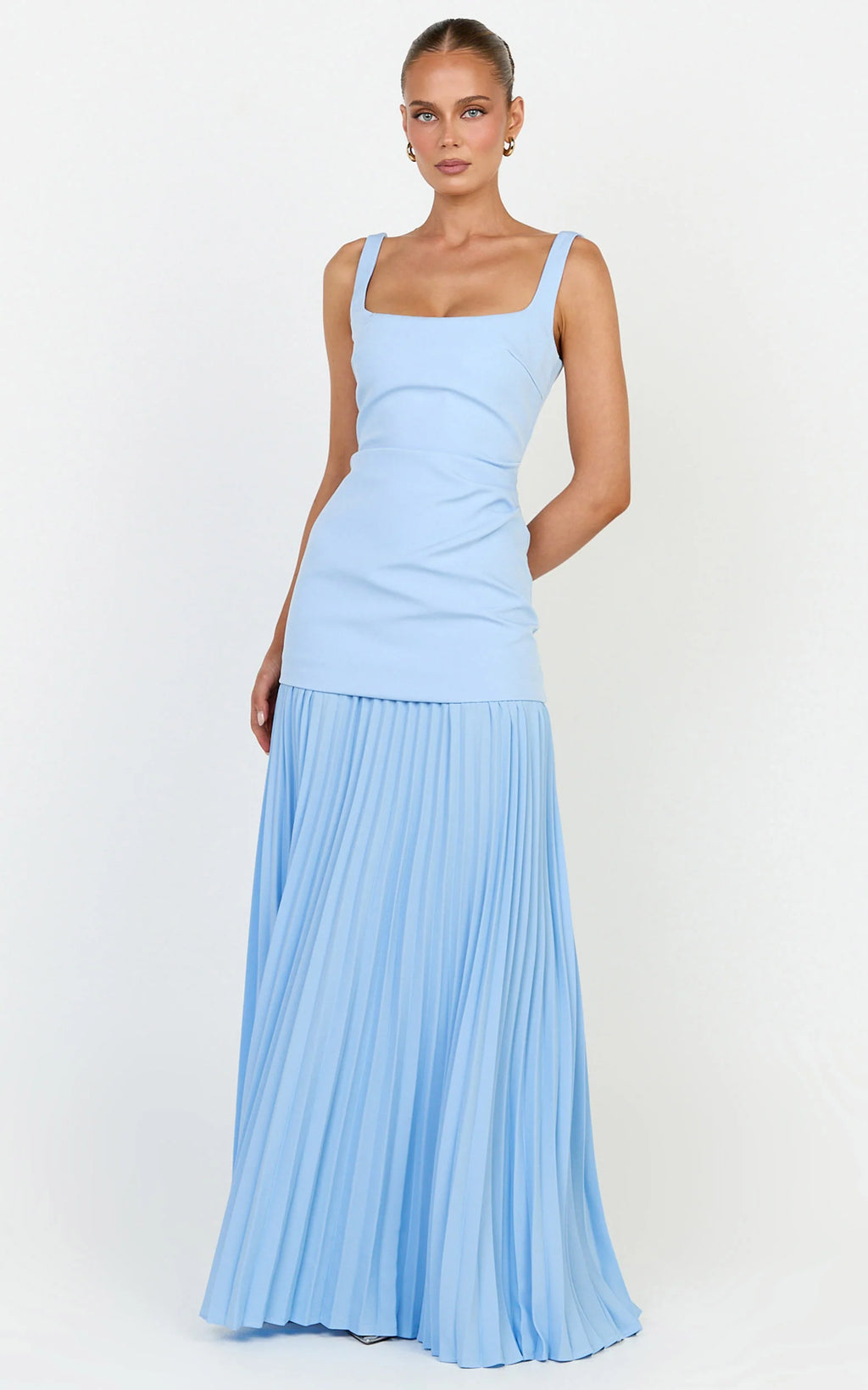 Sol Maxi Dress - Scooped Neck Contrast Pleated Dress in Light Blue