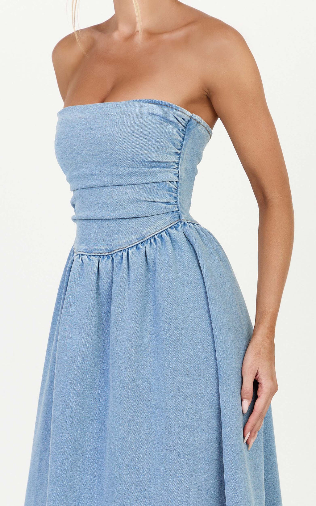 Isabella Midi Dress - Denim Strapless Ruched Dress in Mid Blue Wash