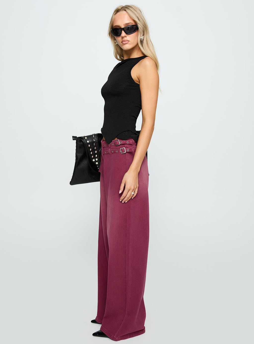 Paltrow Mid Rise Wide Leg Cargo Jeans Washed Burgundy