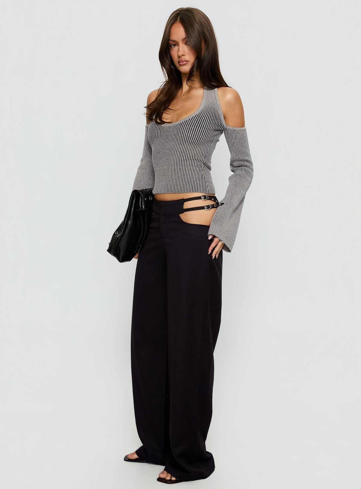 Venicia Belt Detail Suiting Pant Black Pinstripe