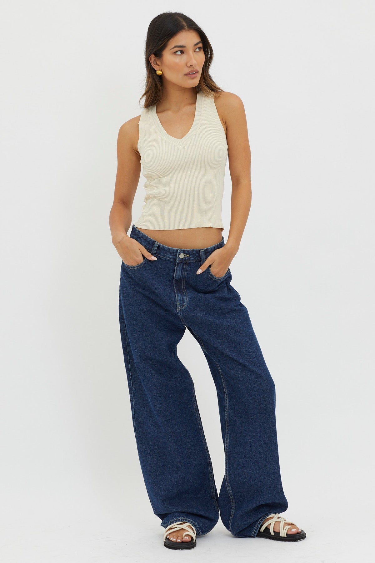 D'Lila V-Neck Ribbed Knit Top Cream