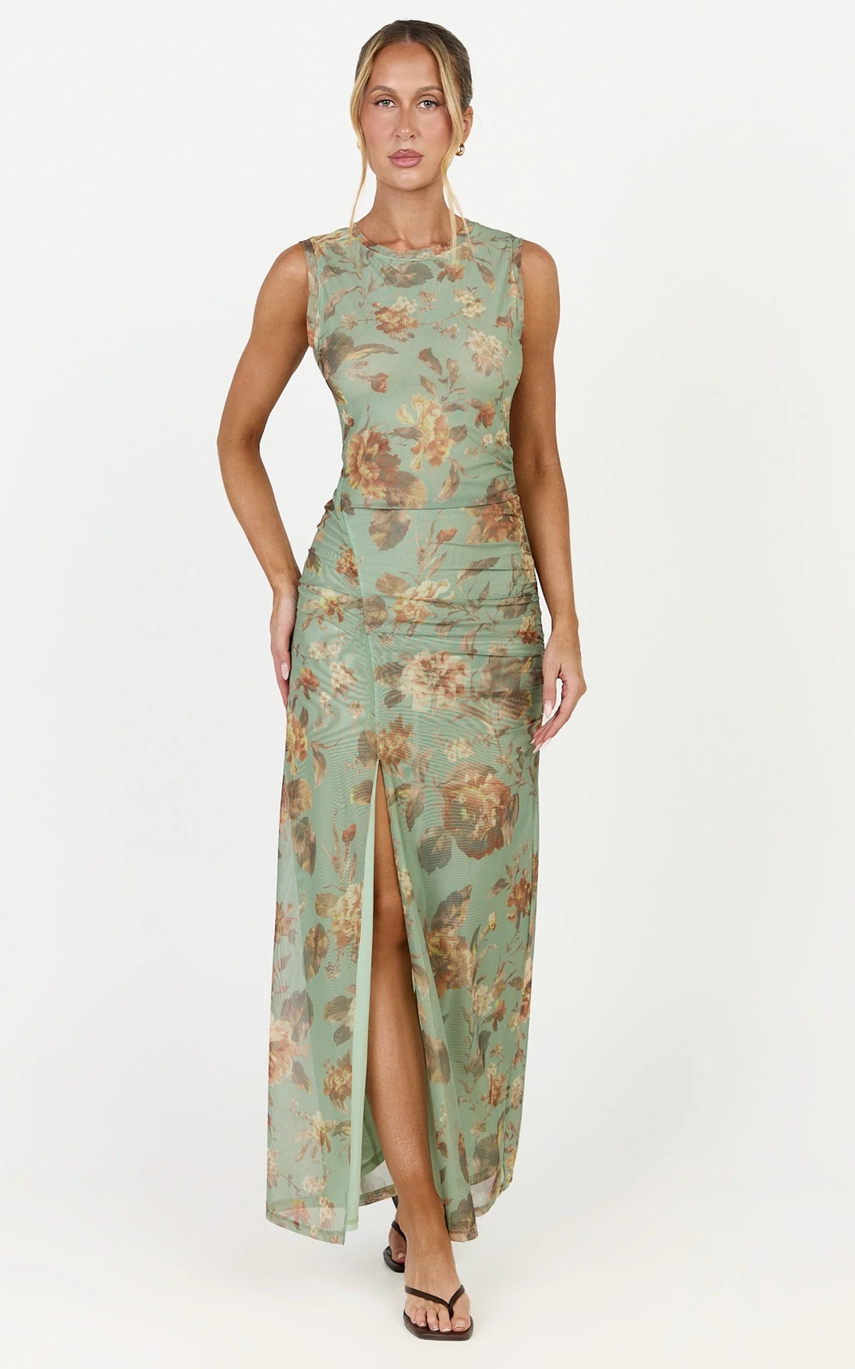 Amy Maxi Dress - Gathered Detail Front Split Sleeveless Dress in Multi