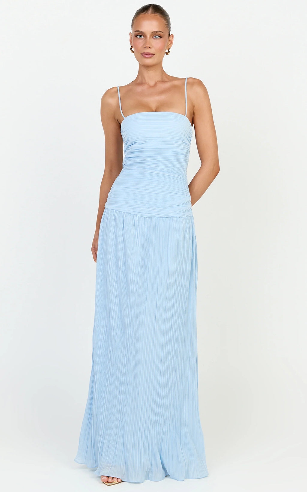 Ashlee Maxi Dress - Strapless Plisse Dropped Waist Split Leg Dress in Light Blue