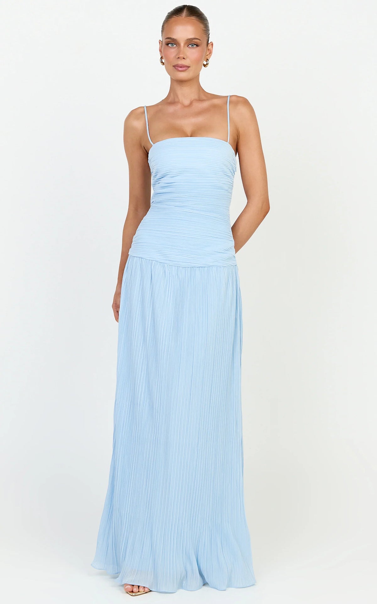 Ashlee Maxi Dress - Strapless Plisse Dropped Waist Split Leg Dress in Light Blue