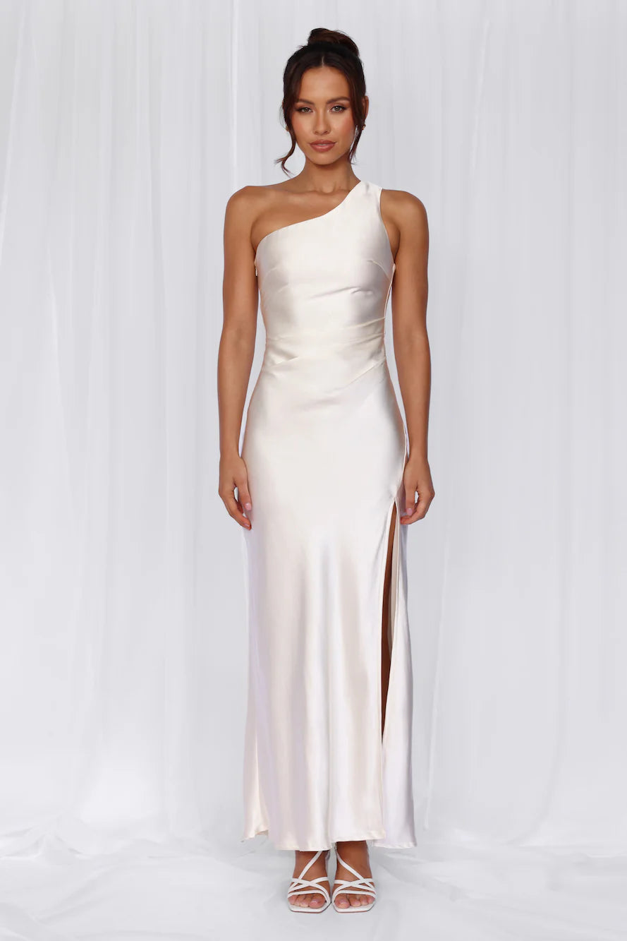The Aurora One Shoulder Satin Maxi Dress Pearl