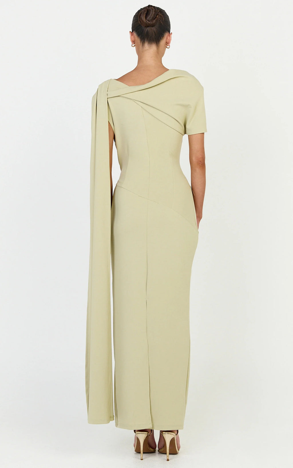 Visenta Midi Dress - Asymmetrical Sleeve Dress in Sage