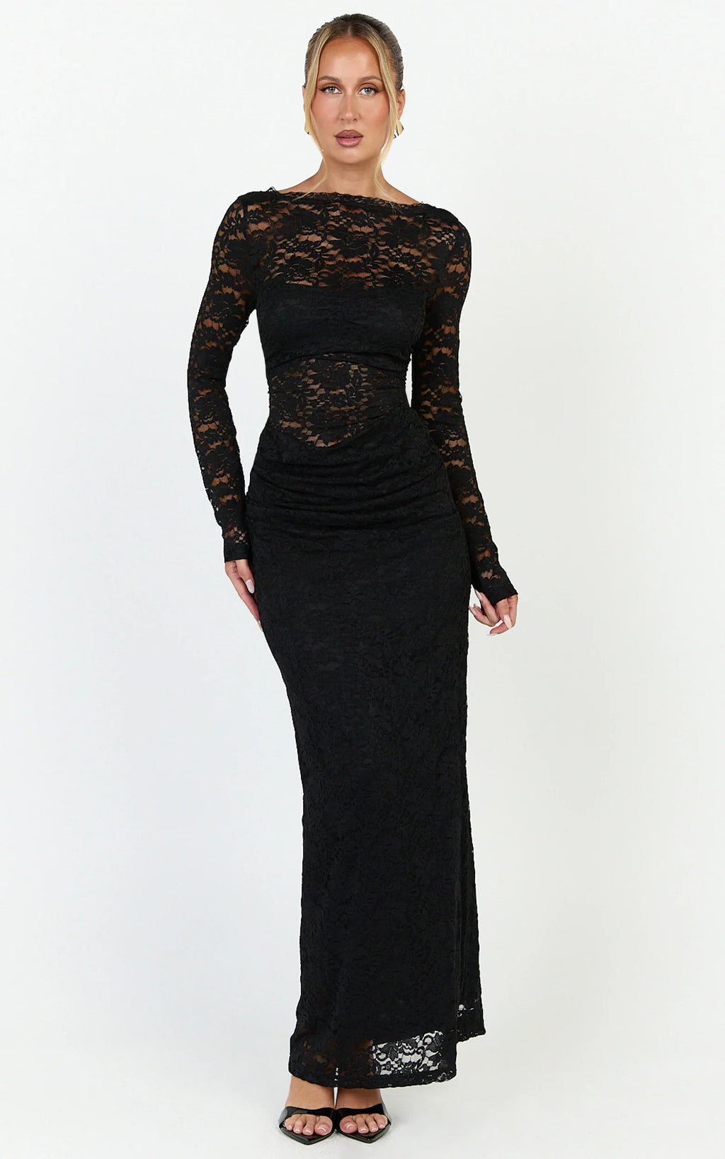 Skye Maxi Dress - Lace Long Sleeve Draped Waist Dress in Black