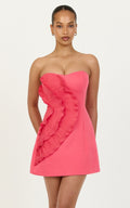 Dahlia Mini Dress - Strapless Side Frill Pleated A Line Dress in Pink
