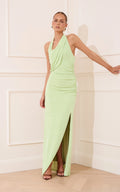 Matilda Maxi Dress - Draped Halterneck Side Split Maxi Dress in Pistachio