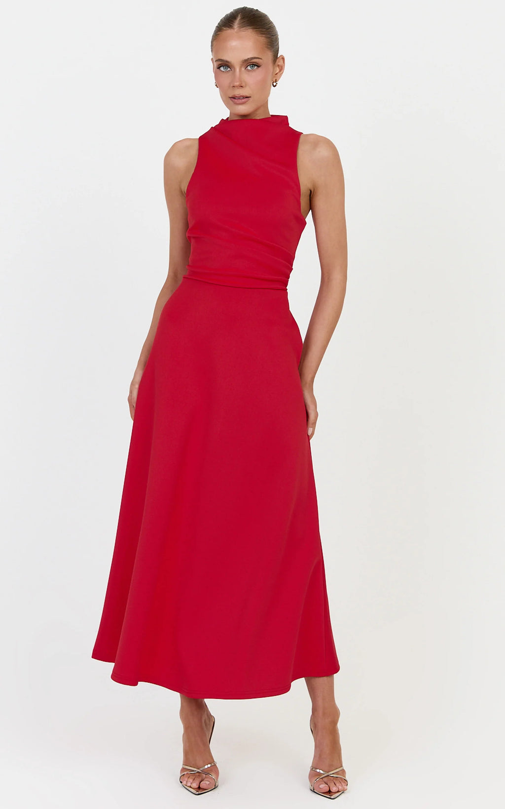 Macy Midi Dress - High Neck A Line Dress in Red