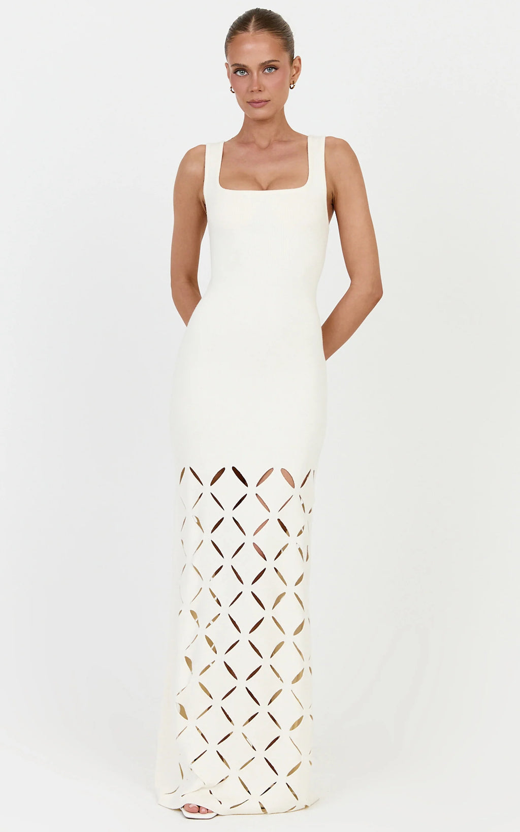 Sabrina Maxi Dress - Scoop Neck Laser Cut Dress in Cream