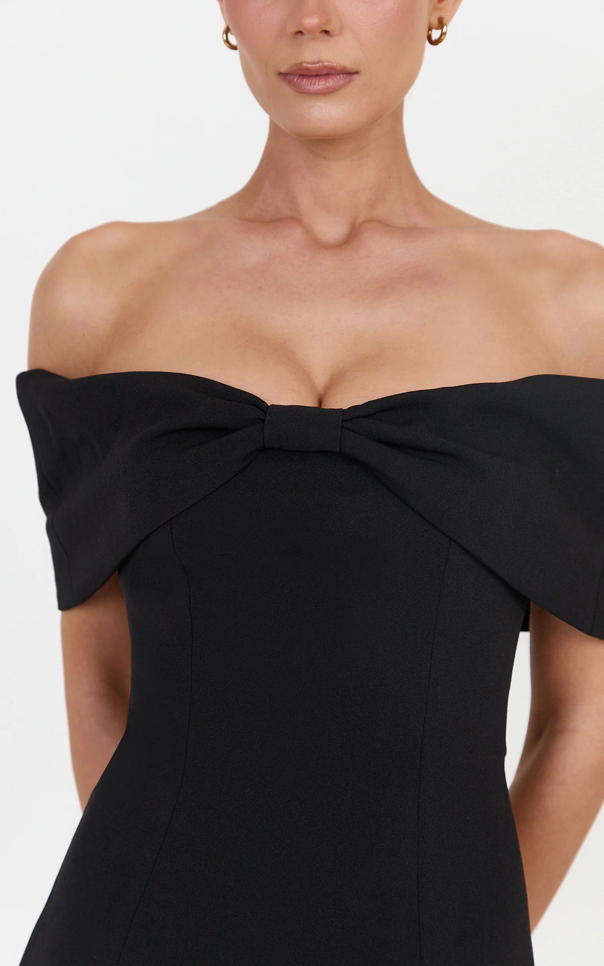 Thalia Mini Dress - Off Shoulder Bow Detail Dress in Black