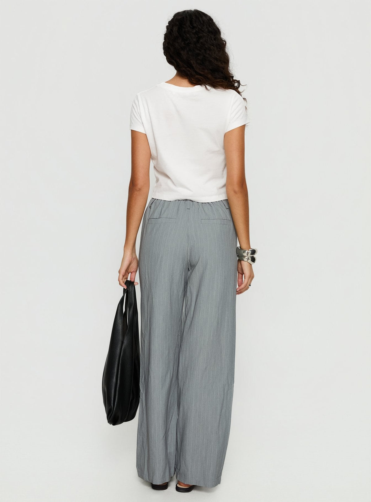Idolised Tie Waist Pant Grey Pinstripe