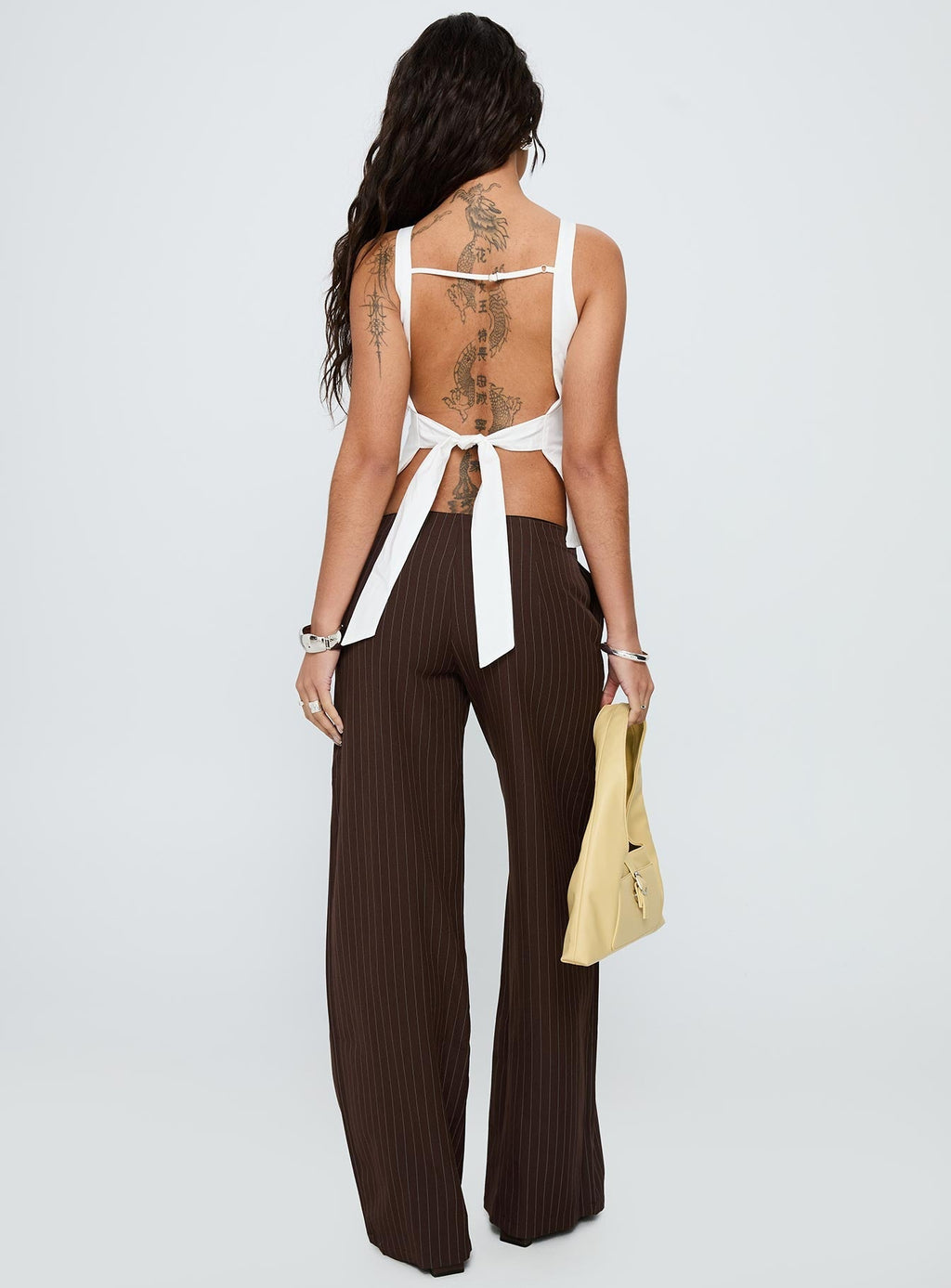 Khane Low Rise Wide Leg Pant Brown Pinstripe